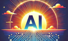 An image depicting the abbreviation 'AI' emerging from a sunrise. The sun is rising over a horizon with rays of light spreading out, and the capital letters 'AI' are prominent in the center of the sunrise. The scene is vibrant and inspirational, symbolizing the dawn of a new era with AI technology, blending natural and technological elements.
