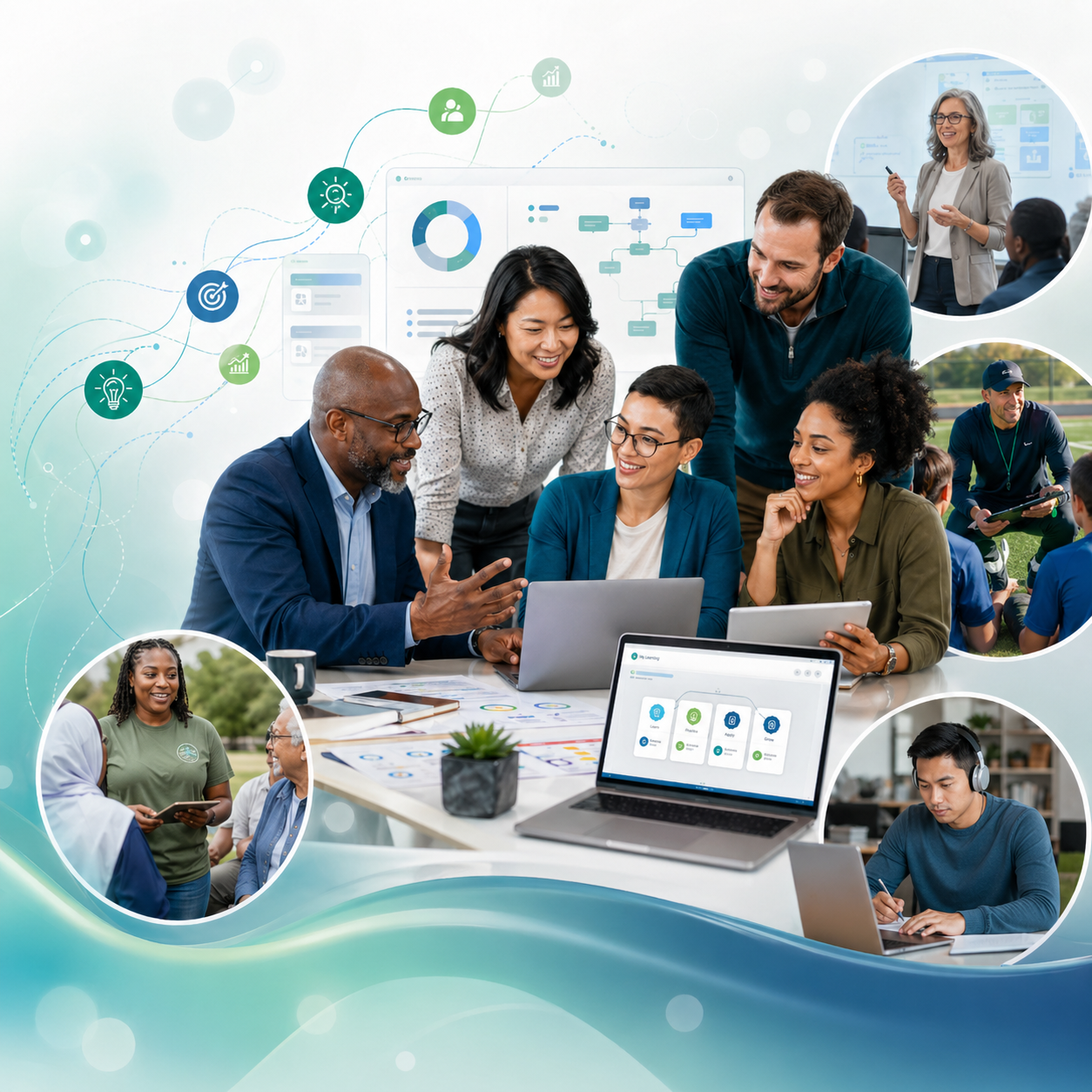 A diverse group of professionals collaborate around laptops, tablets, and learning design materials, with surrounding scenes showing a teacher, coach, learner, and community leader. Abstract icons, flow lines, charts, and digital course screens represent Emerge ID’s work transforming complex training needs into clear, usable learning experiences.