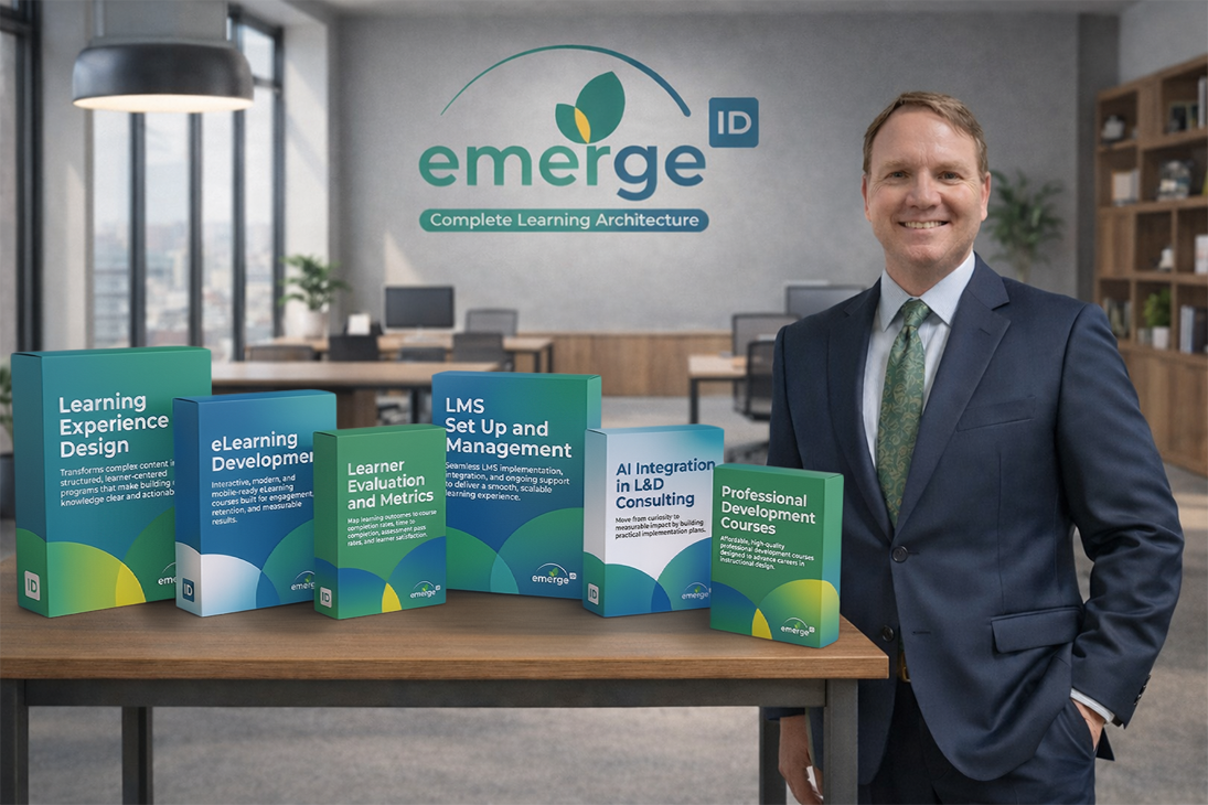 CEO_Product_Line This image depicts the products that Emerge ID provides which includes, Learning Experience Design, eLearning Development, Learner Evaluation and Metrics, LMS Setup and Management, AI Integration in L&D, Professional Development Courses