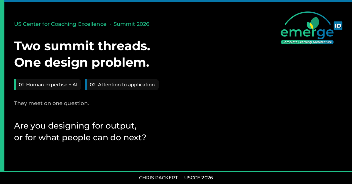USCCE blog hero 01 Emerge ID graphic for the US Center for Coaching Excellence Summit 2026. Headline: Two summit threads. One design problem. The threads are Human expertise + AI and Attention to application. They meet on one question: Are you designing for output, or for what people can do next? Credit: Chris Packert, USCCE 2026.