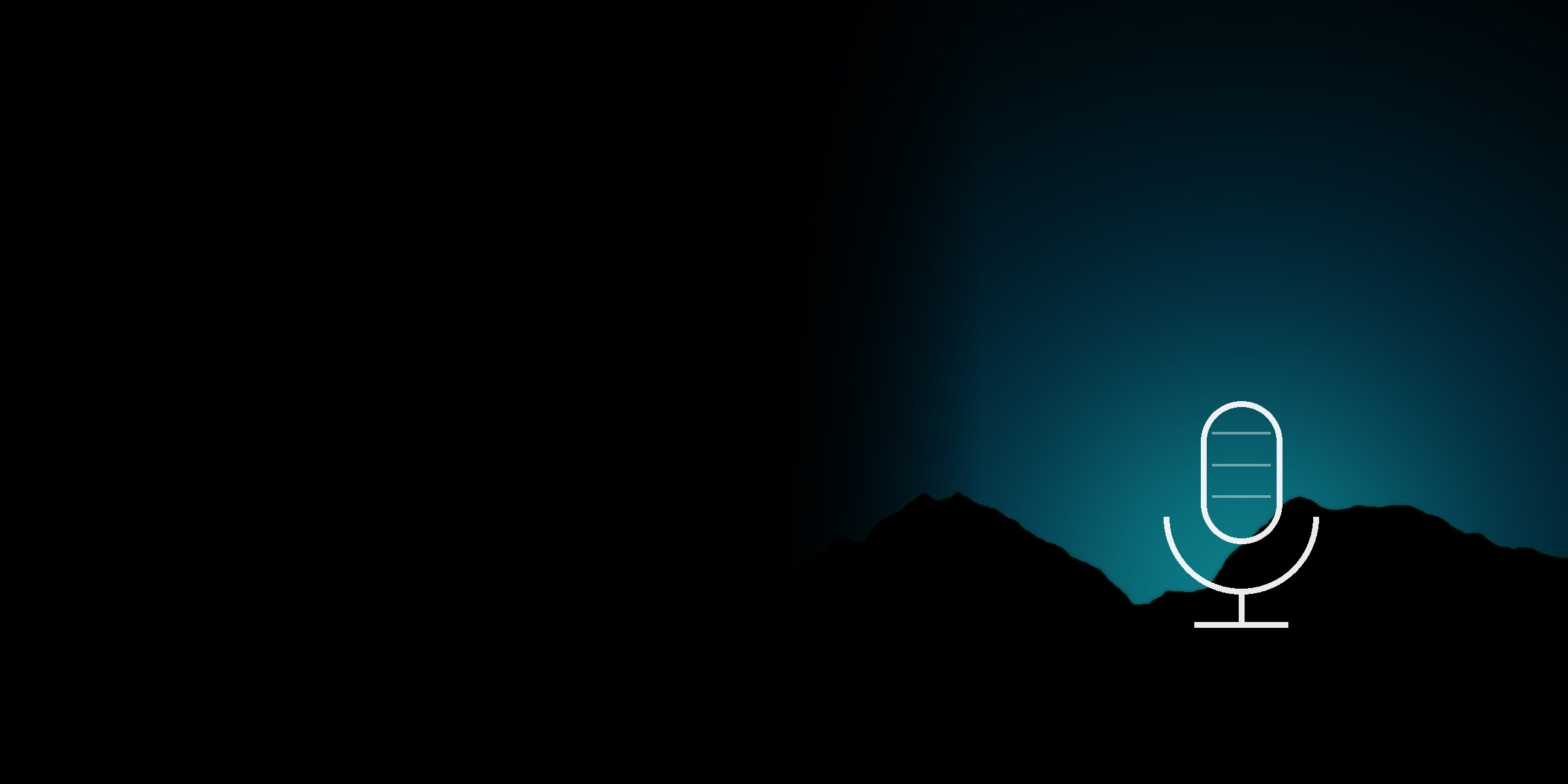 A podcast microphone beneath a teal-to-blue waveform arch, glowing over a dark mountain ridge.
